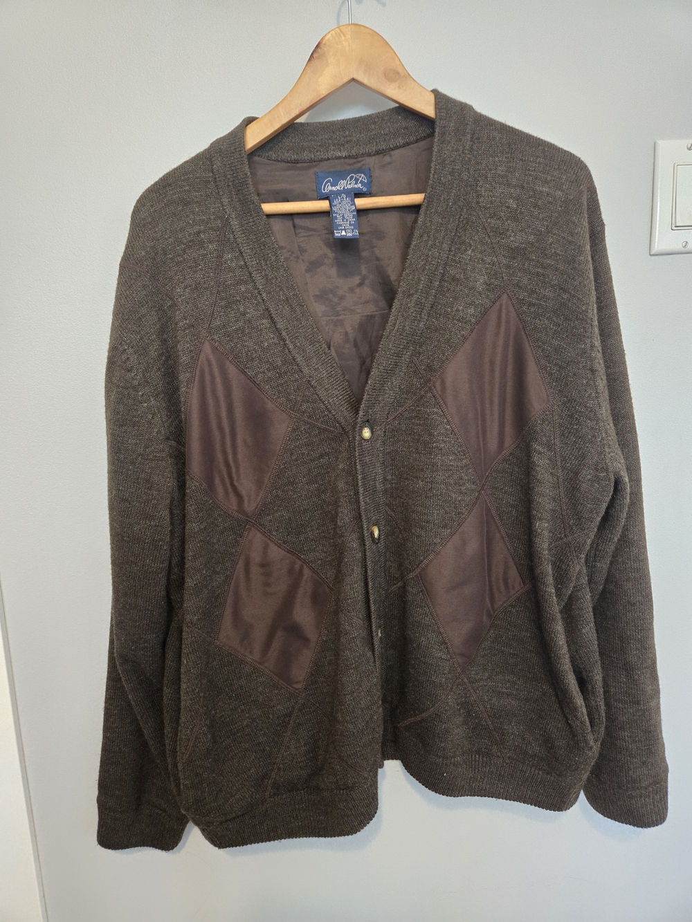 Men's Dark Brown Cardigan with Diamond Patch Details